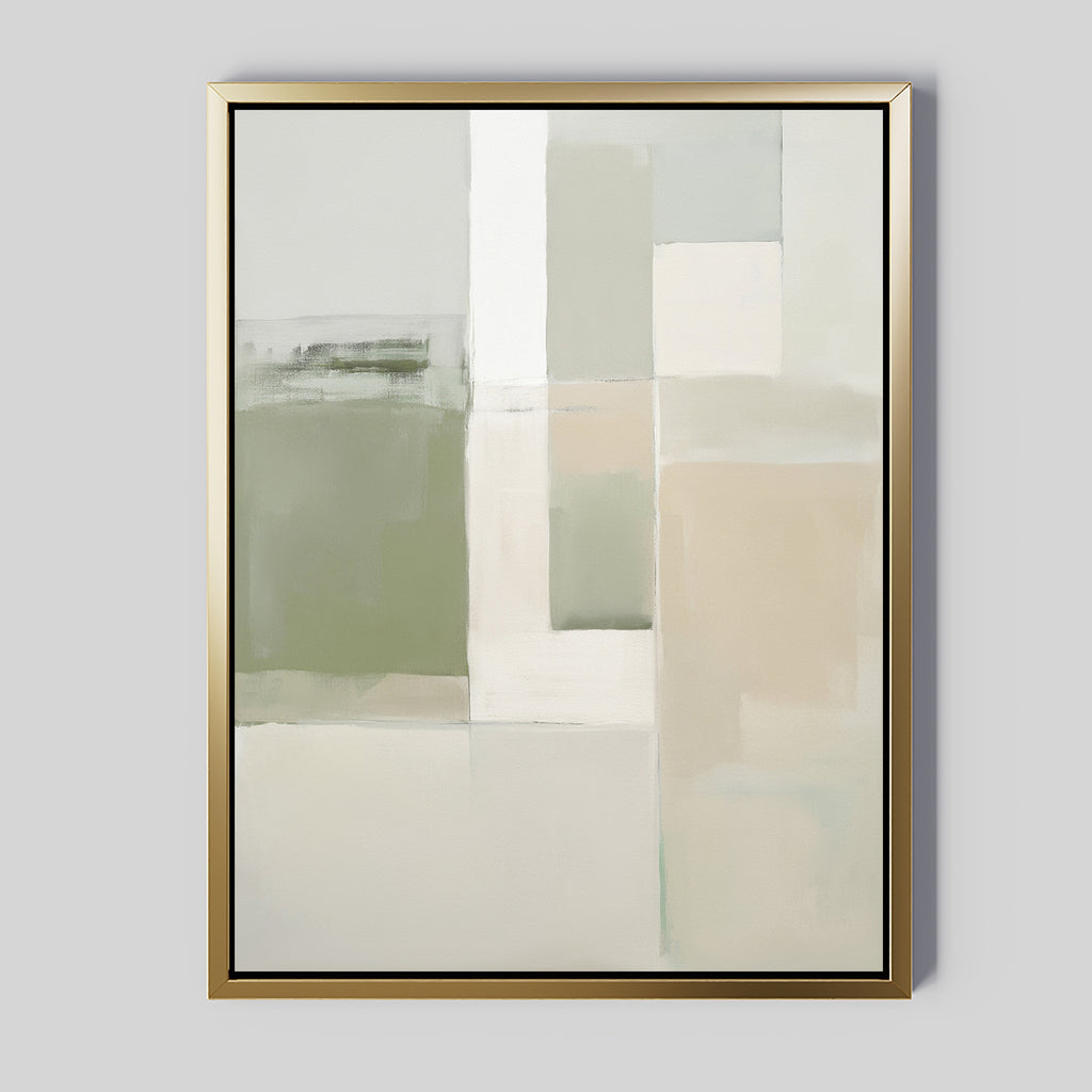 Soft Geometric Planes Canvas Art - Vertical features overlapping rectangles and squares in soft green, beige, white, and gray tones with a gold frame for a calm, contemporary look.