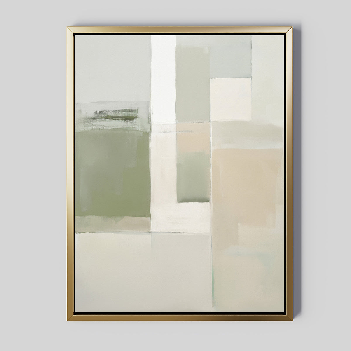 Soft Geometric Planes Canvas Art - Vertical features overlapping rectangles and squares in soft green, beige, white, and gray tones with a gold frame for a calm, contemporary look.