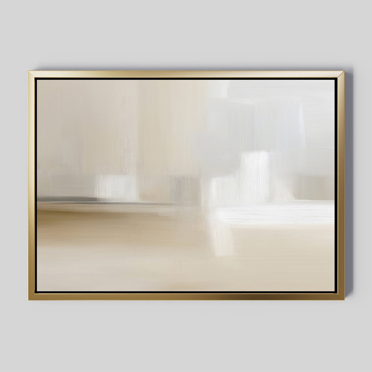 The Soft Layers Canvas Art - Horizontal features a gold-framed abstract design with smooth beige, white, and light gray tones. This minimalist modern print is displayed against a plain gray background for a sophisticated touch.