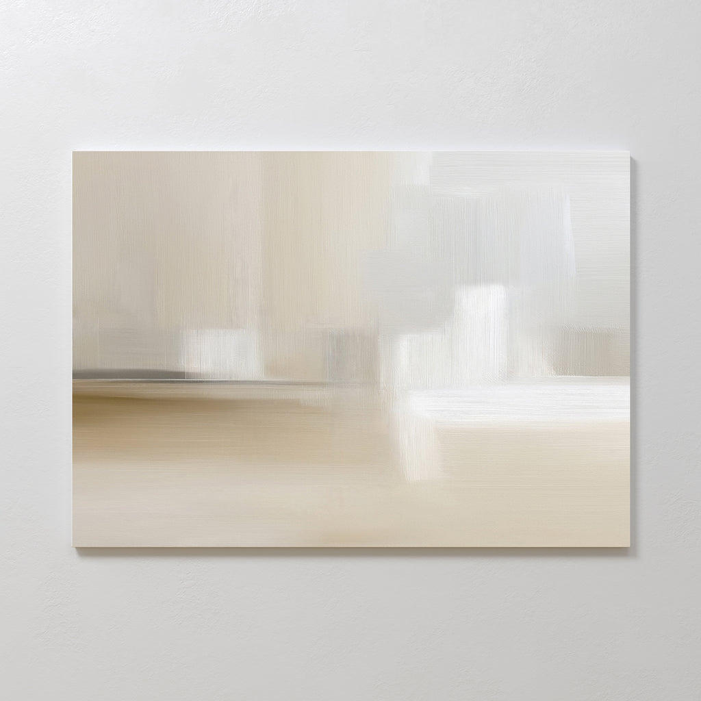 Soft Layers Canvas Art - Horizontal showcases soft, blurred brushstrokes in beige, cream, and white hues, creating a calm and minimalist abstract print ideal for a white wall.