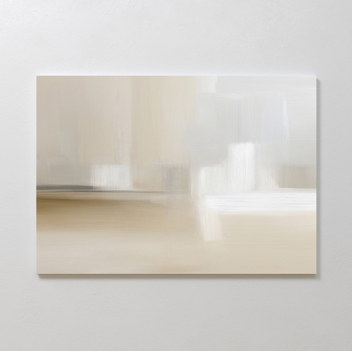 Soft Layers Canvas Art - Horizontal showcases soft, blurred brushstrokes in beige, cream, and white hues, creating a calm and minimalist abstract print ideal for a white wall.