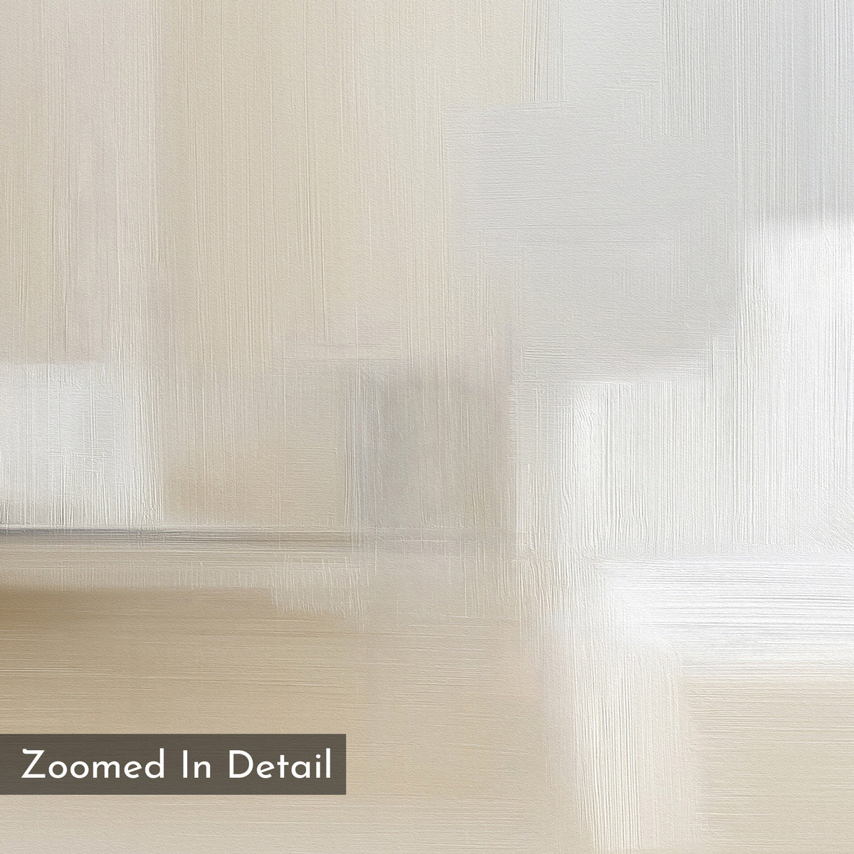 A close-up of Soft Layers Canvas Art - Horizontal shows a textured surface in neutral beige and white with soft, abstract brushstrokes. A label at the bottom left reads "Zoomed In Detail.
