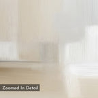 A close-up of Soft Layers Canvas Art - Horizontal shows a textured surface in neutral beige and white with soft, abstract brushstrokes. A label at the bottom left reads "Zoomed In Detail.
