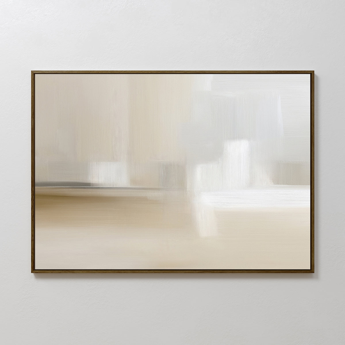 Soft Layers Canvas Art - Horizontal features gentle brushstrokes and a neutral palette of beige, cream, and white tones in a slim dark frame, creating a calm, minimalist look when displayed on a light gray wall.