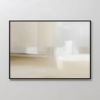 The Soft Layers Canvas Art - Horizontal showcases a minimalist abstract design in soft, blurred beige, white, and cream tones. Set in a thin black frame, it brings gentle movement and a calming presence to any light-colored wall.