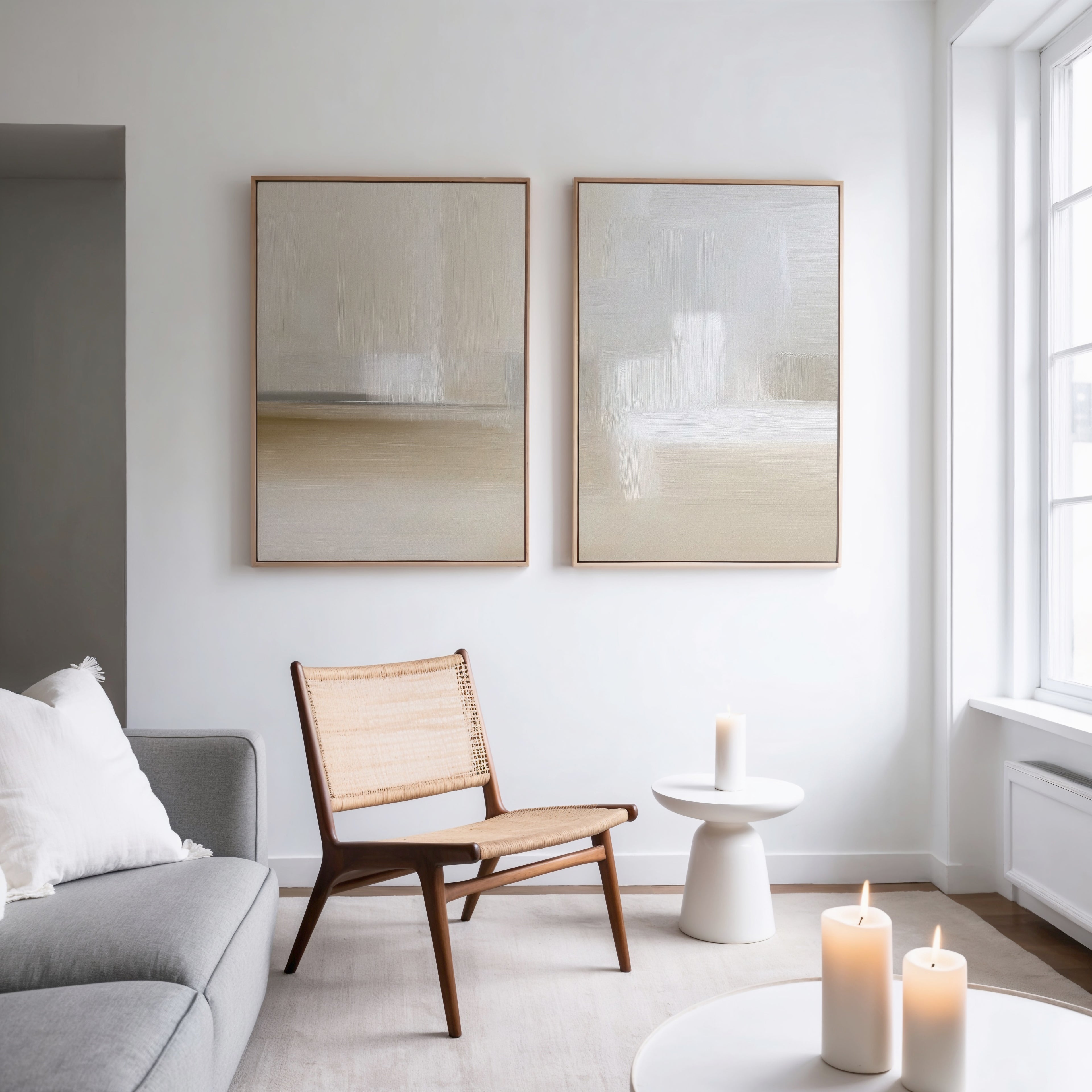 A minimalist living room features a woven chair, a small round table, and three lit candles. Above, Soft Layers - Set Of 2 artwork hangs on the white wall, while large windows bathe the space in natural light.