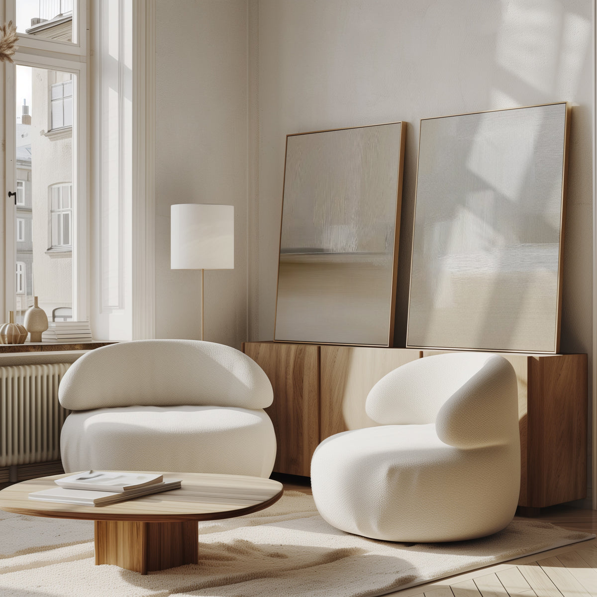 A modern, minimalist living room features the Soft Layers - Set Of 2 white curved armchairs, a low wooden coffee table, and neutral artwork on a sideboard. Sunlight pours through large windows, enhancing the bright, airy vibe.