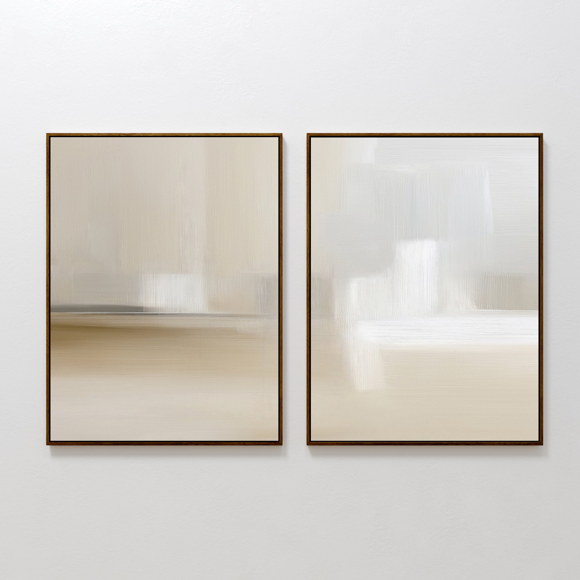The Soft Layers - Set Of 2 features framed minimalist abstract prints with soft, blurred brushstrokes in beige, cream, and white tones—perfect for adding a calming effect to any neutral-themed space.