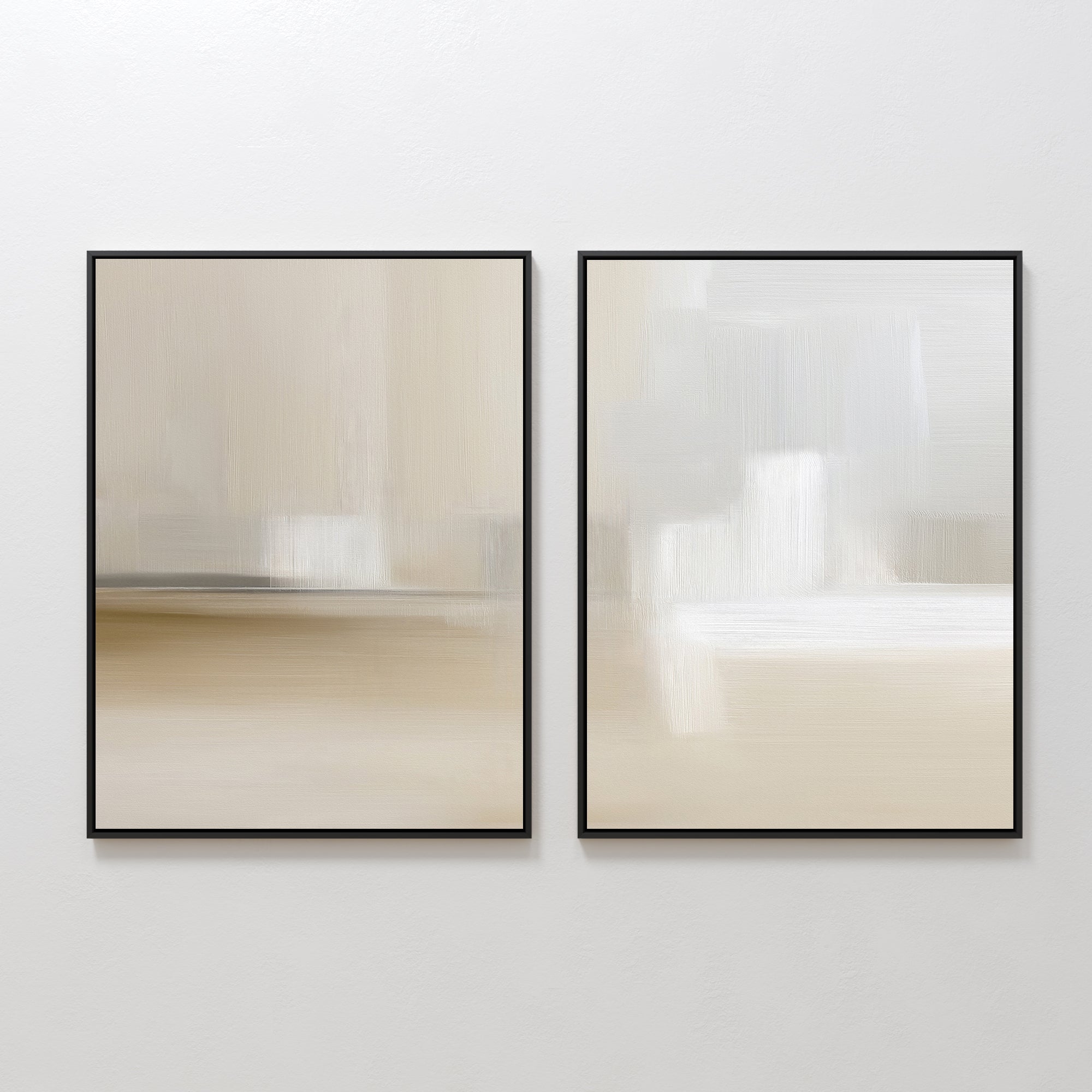 Soft Layers - Set Of 2 features two minimalist abstract prints in beige, white, and light gray. Displayed side by side with blurred brushstrokes and black frames, each piece offers a serene, neutral-toned composition perfect for any space.