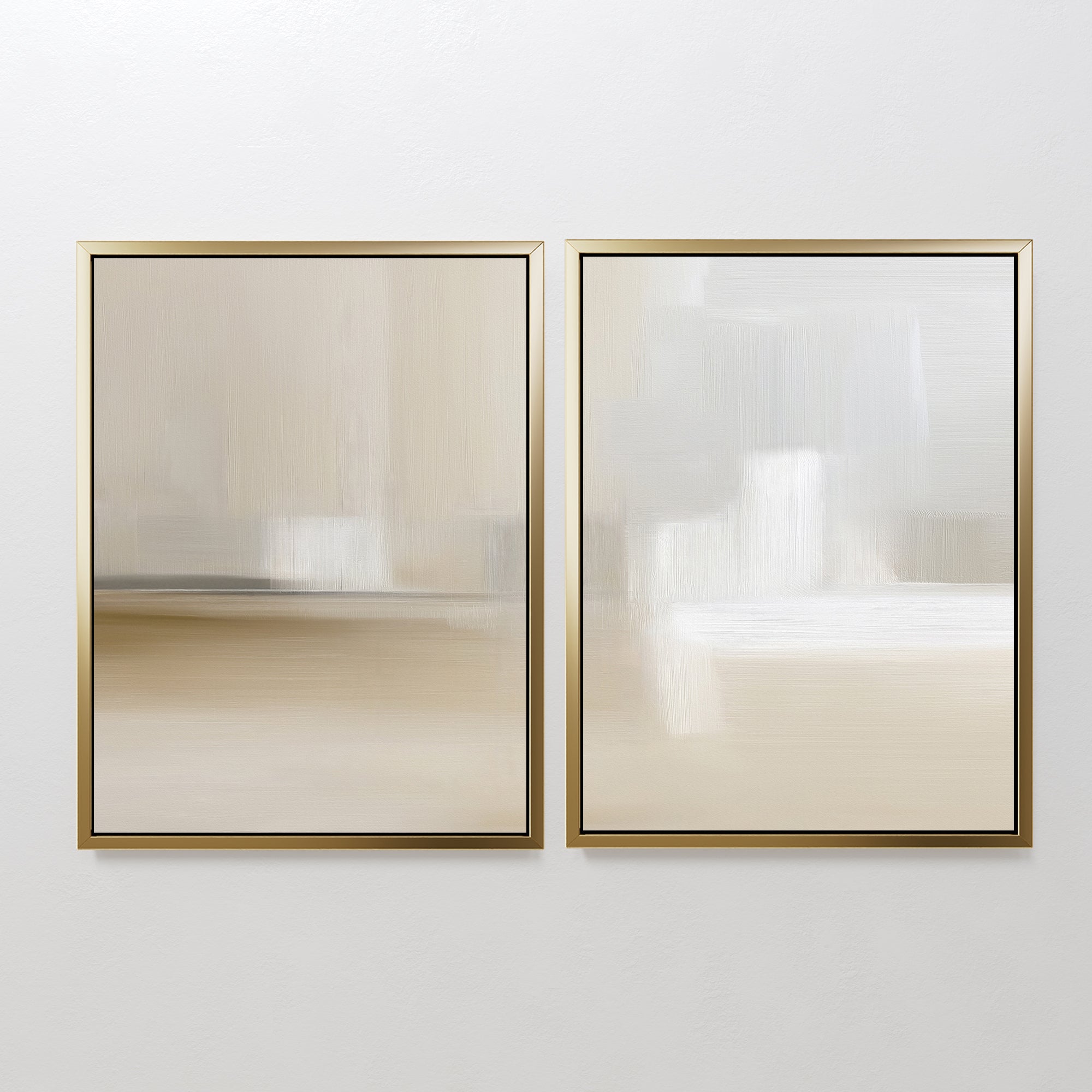 Soft Layers - Set Of 2 features two minimalist abstract prints with blurred horizontal brushstrokes in beige, cream, and white tones, each framed in simple gold and displayed side by side on a plain white wall.