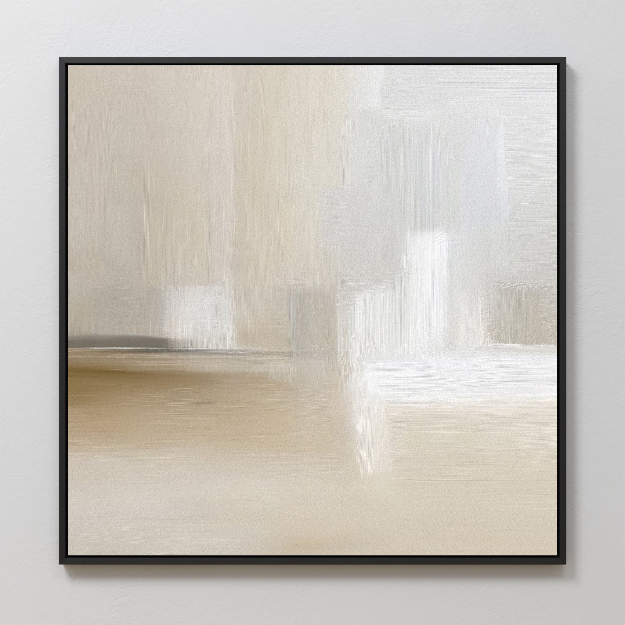The Soft Layers Canvas Art - Square features a minimalist abstract design in soft beige, white, and light gray tones with gentle brushstrokes. Elegantly framed in black, it creates a calming accent on any light-colored wall.