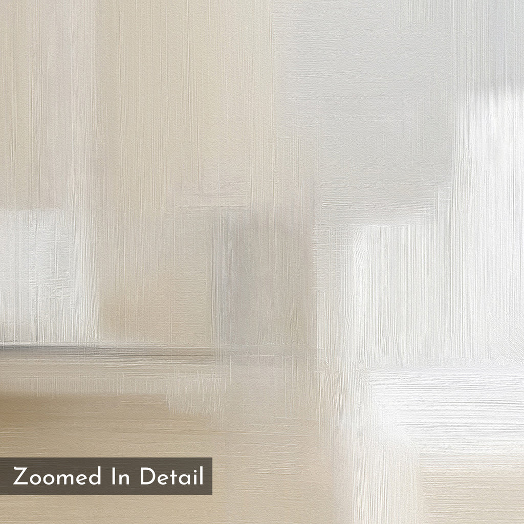 A close-up of Soft Layers Canvas Art - Square shows textured, abstract brush strokes in soft neutrals. Ideal as minimalist wall art or abstract print. "Zoomed In Detail" is displayed in the lower left corner on a dark background.
