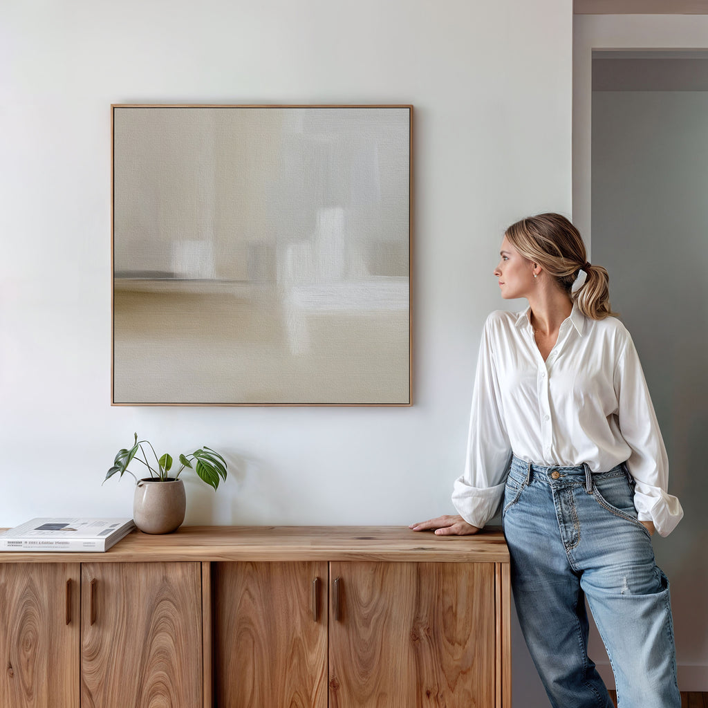 A woman in a white shirt and jeans leans against a wooden cabinet, admiring the Soft Layers Canvas Art - Square above. A small plant and books rest on the cabinet in this modern, minimalistic room.