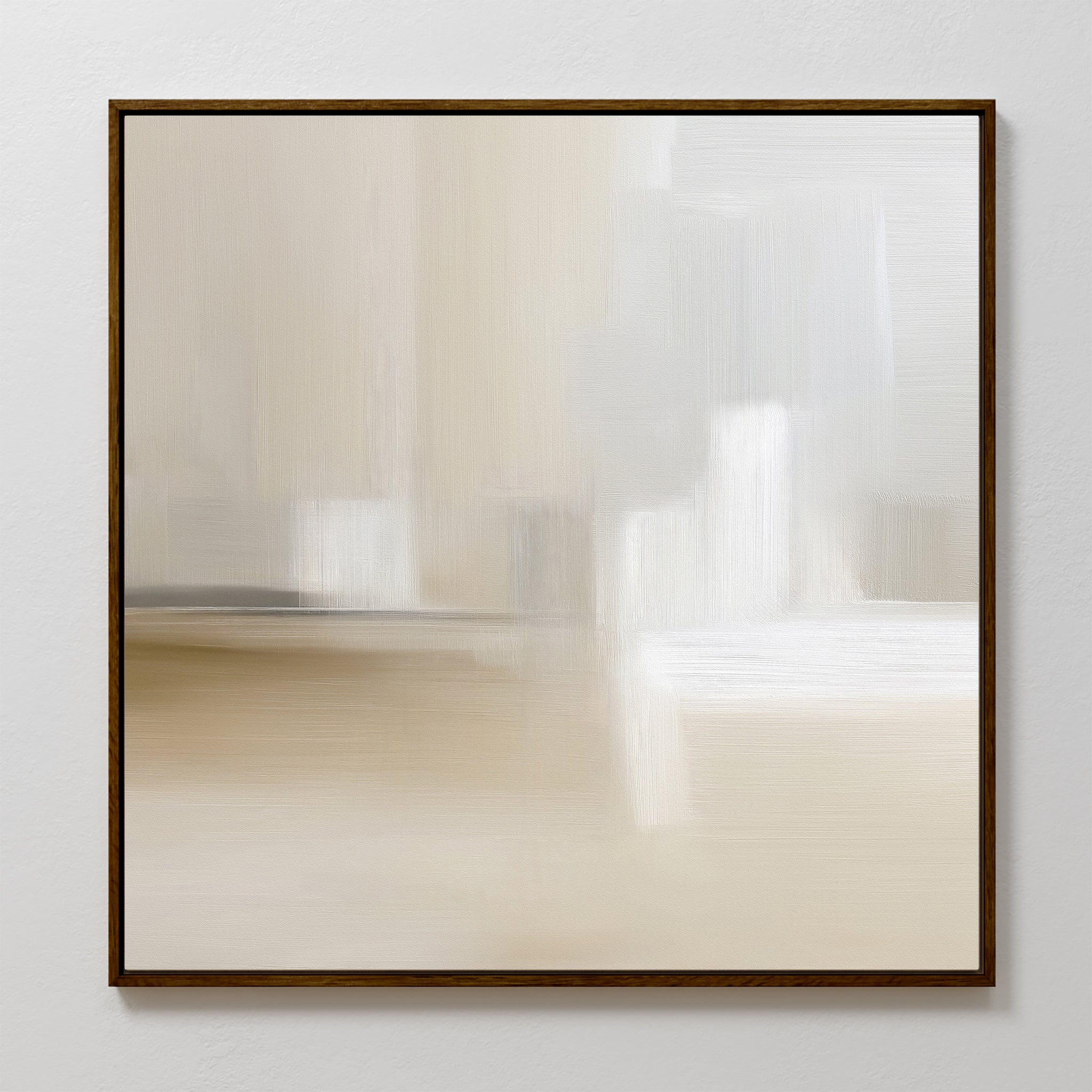 The Soft Layers Canvas Art - Square features smooth, blended beige, white, and gray tones in a minimalist abstract style. Gentle brushstrokes evoke movement and light. This neutral wall art comes framed with a slim dark border.