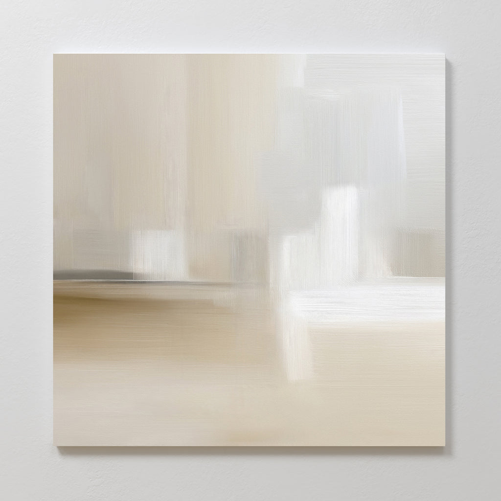 Soft Layers Canvas Art - Square features minimalist abstract shapes in beige, white, and light gray. Its soft, blurred design creates a serene atmosphere—ideal neutral wall art for any modern space.