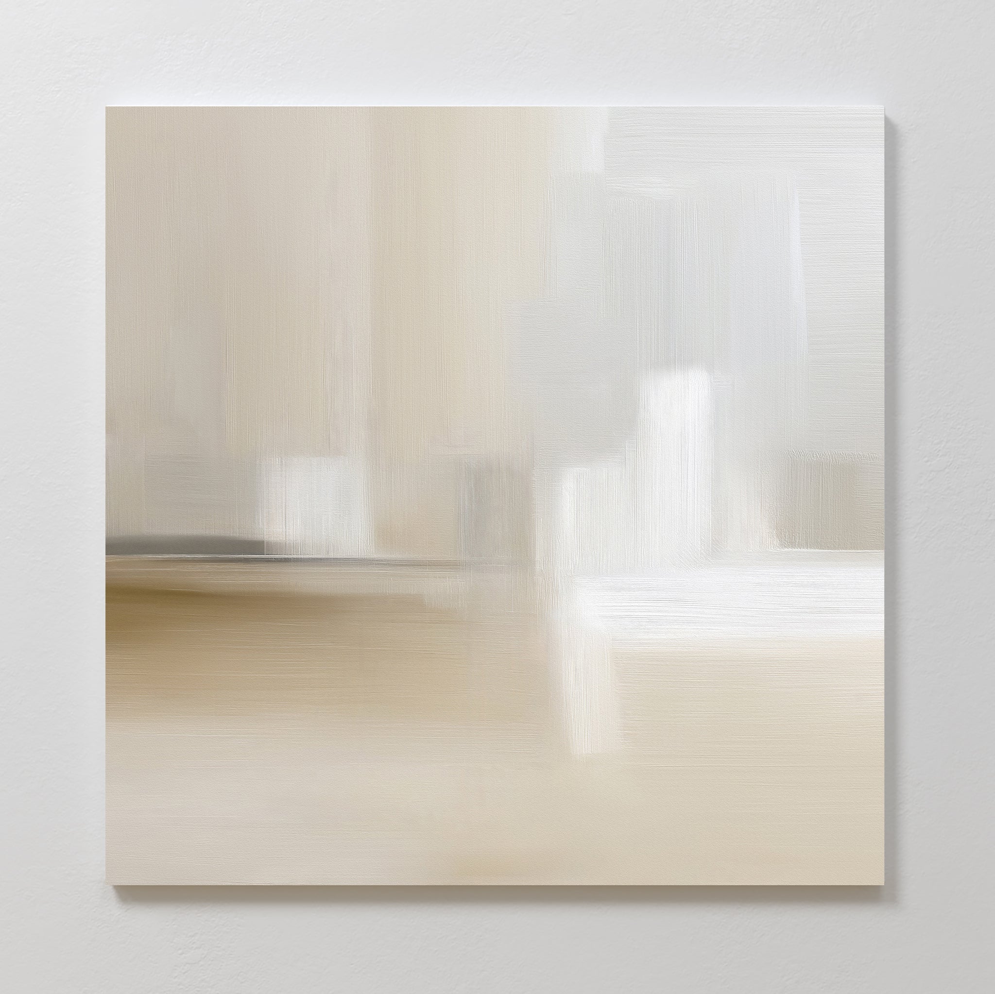 Soft Layers Canvas Art - Square features minimalist abstract shapes in beige, white, and light gray. Its soft, blurred design creates a serene atmosphere—ideal neutral wall art for any modern space.