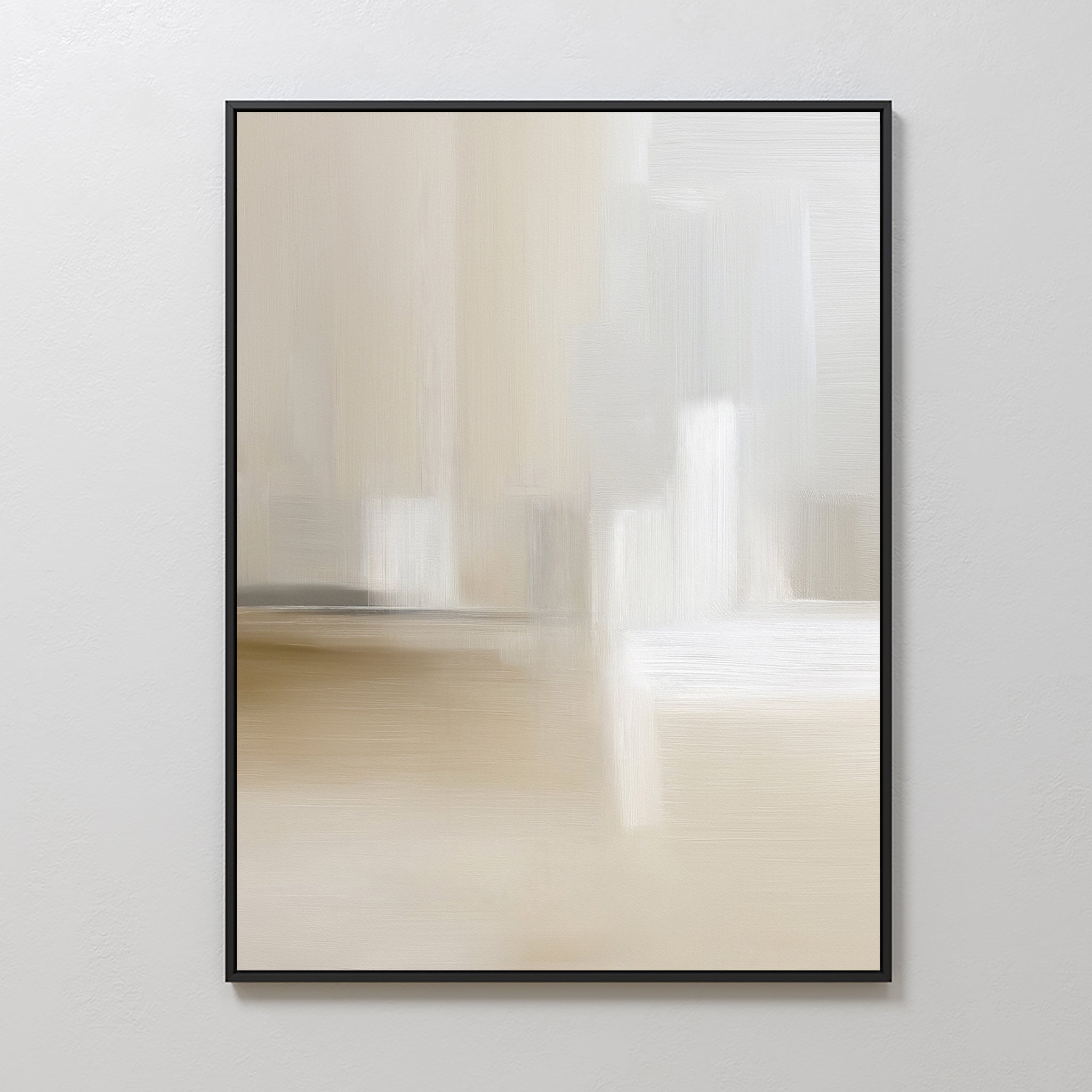 The Soft Layers Canvas Art - Vertical features a framed minimalist abstract print with soft, blurred strokes in beige, cream, white, and gray for a calm and neutral wall art look. Its non-representational composition brings serenity to any space.