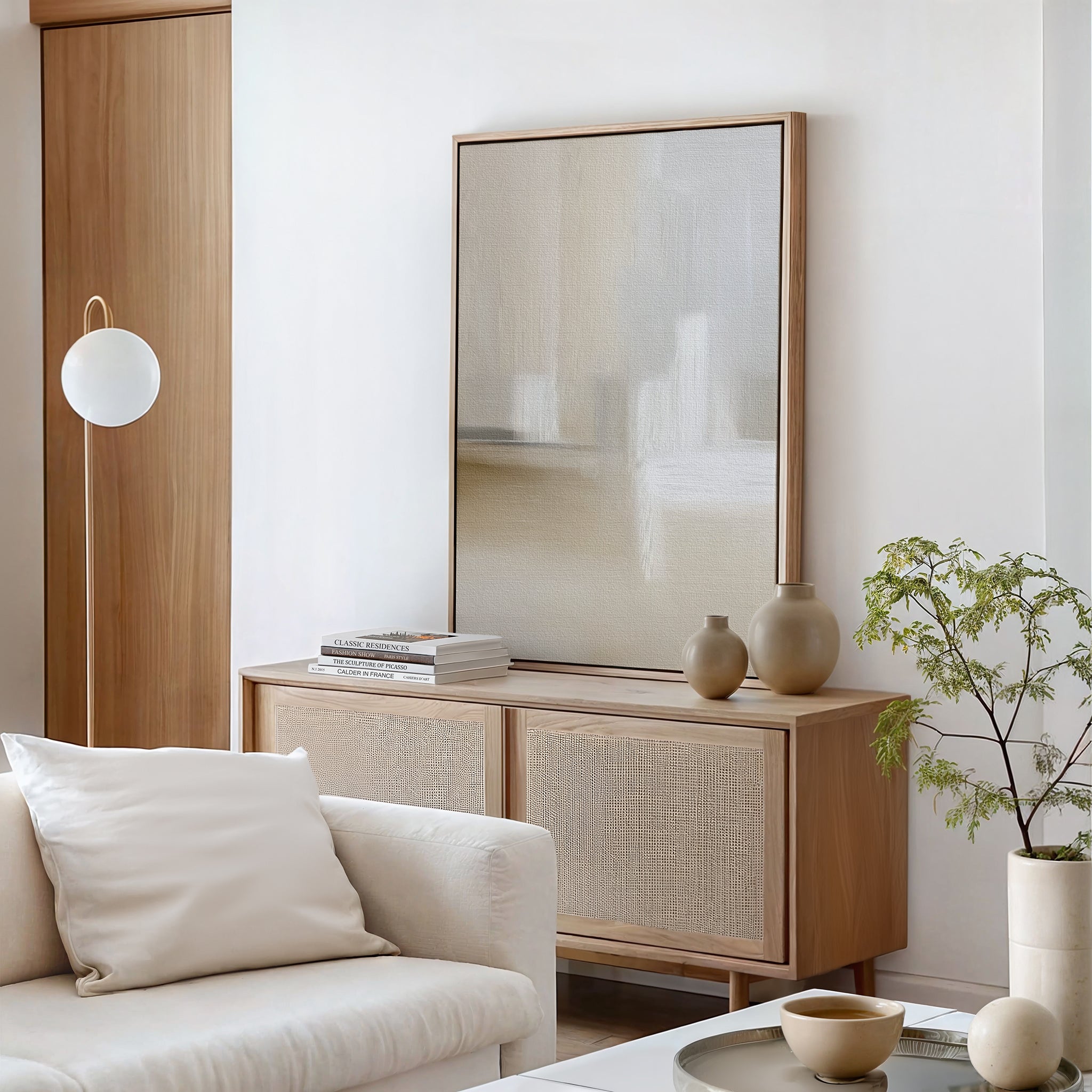 A minimalist living room with a light wood sideboard, Soft Layers Canvas Art - Vertical, neutral vases, a stack of books, a modern floor lamp, a potted plant, and a cream sofa with a white pillow.