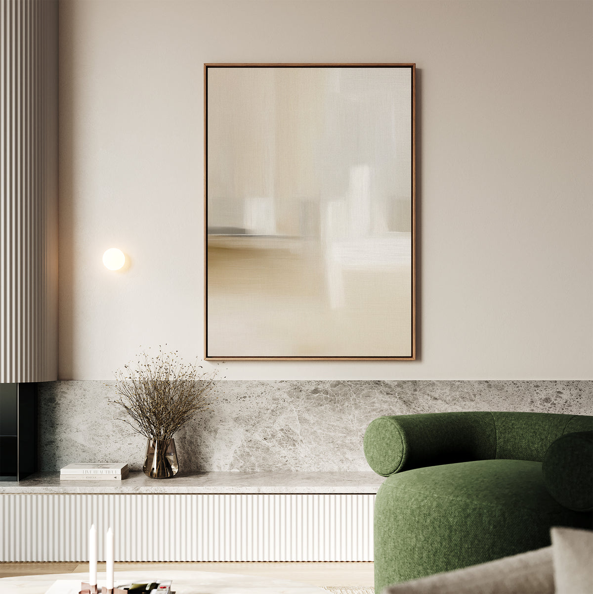 A minimalist living room features a green curved sofa, marble bench, dried flower arrangement in a glass vase, and Soft Layers Canvas Art - Vertical as neutral wall art above, with soft lighting enhancing the calm, modern atmosphere.