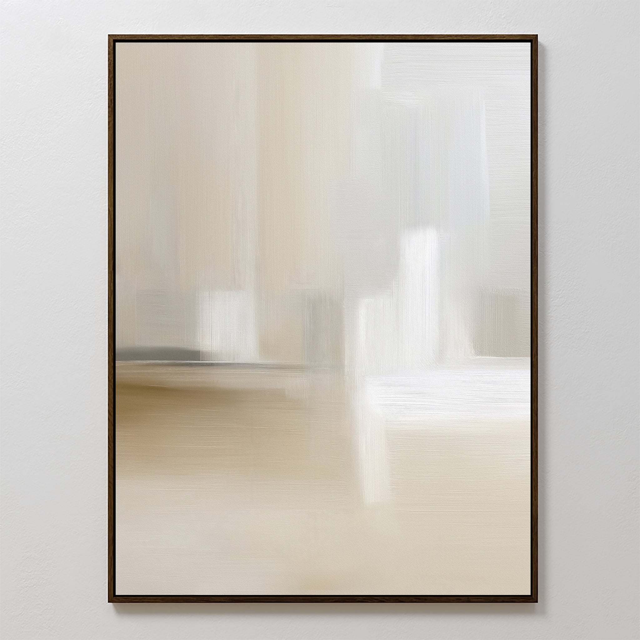 The Soft Layers Canvas Art - Vertical features soft, blurred brushstrokes in beige, white, and light gray for a calm minimalist look. Framed with a thin dark border, it adds subtle elegance to any plain white wall.