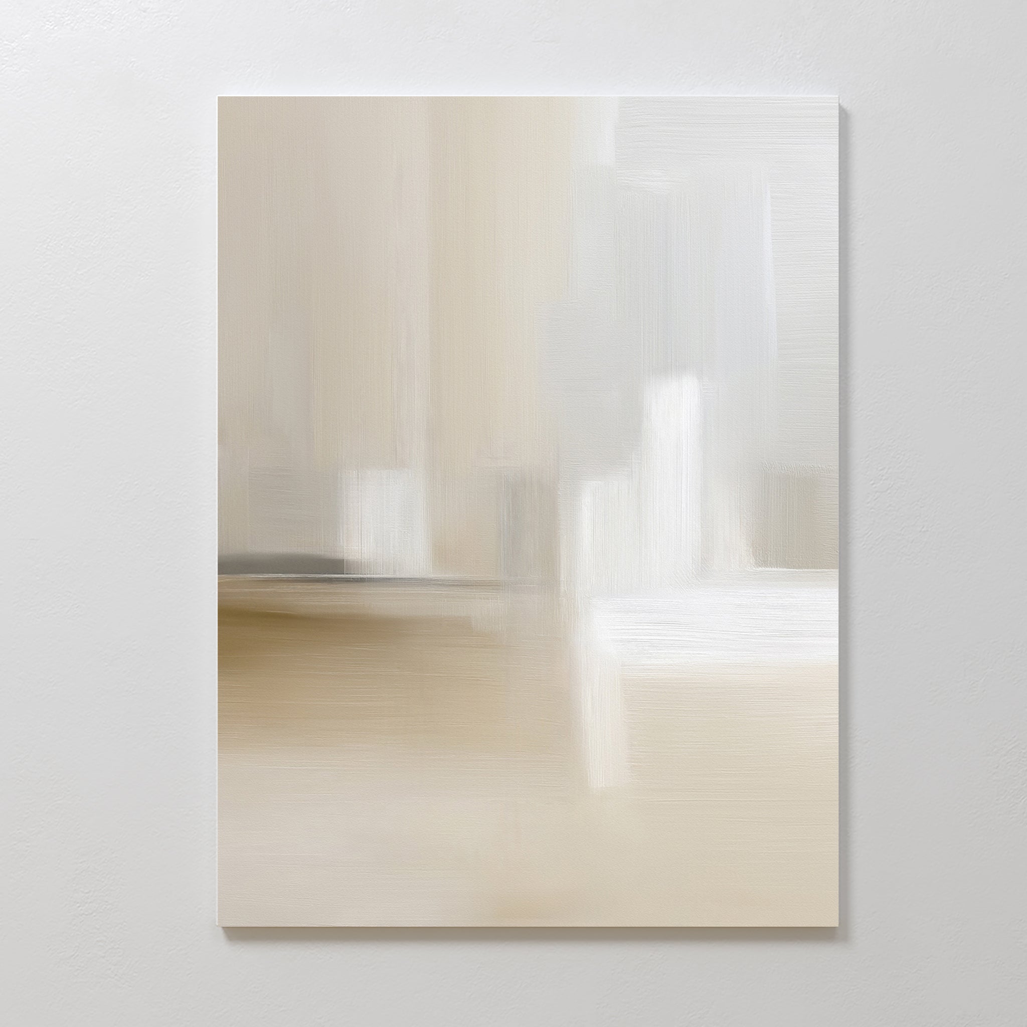 Soft Layers Canvas Art - Vertical features minimalist abstract strokes in beige, cream, white, and light gray tones. Its calm, serene design is perfect as neutral wall art for any space.