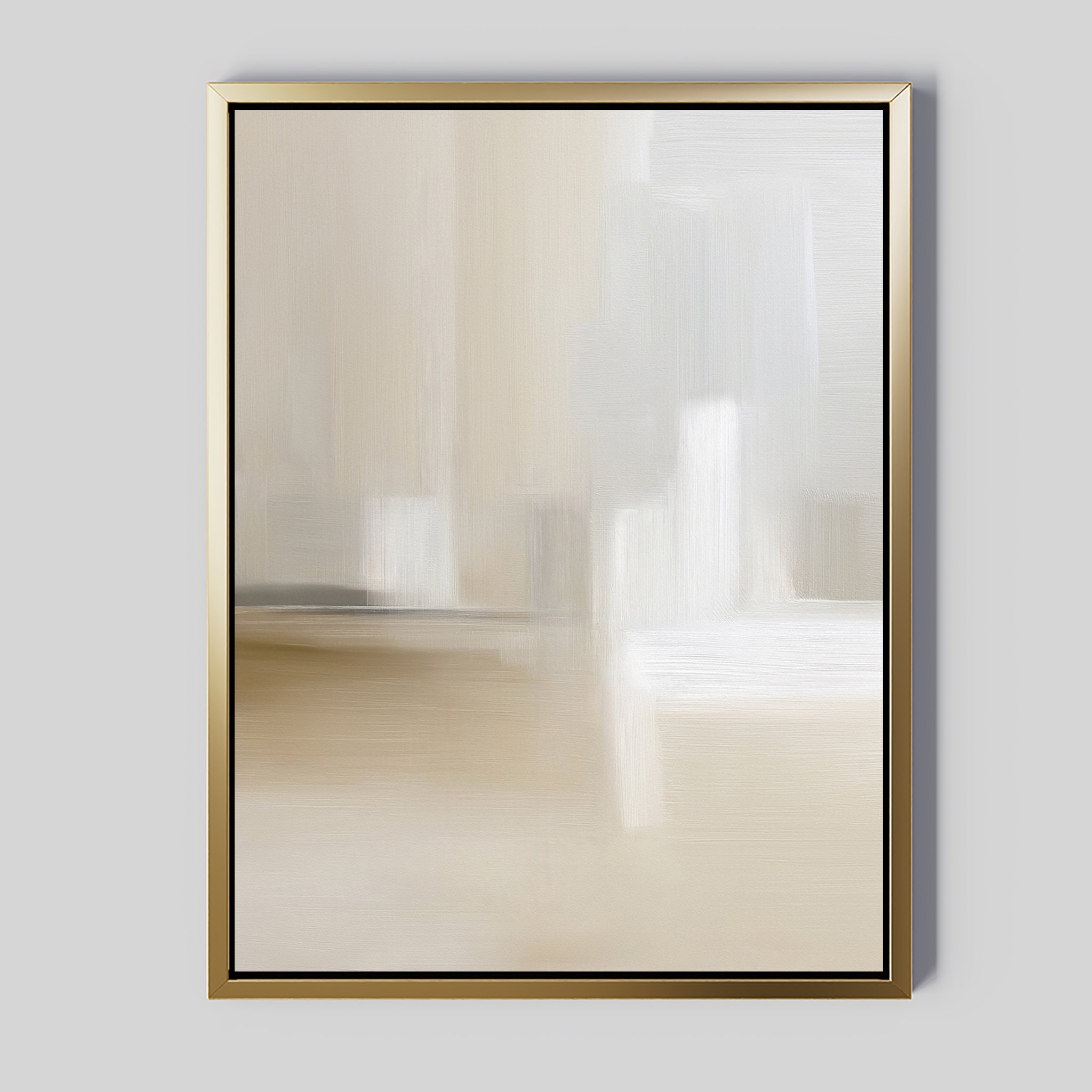 Soft Layers Canvas Art - Vertical features soft, blurred shades of beige, white, and gray in a gold frame—a serene minimalist abstract print perfect as neutral wall art with gentle transitions and a calming Nordic Park-inspired feel.