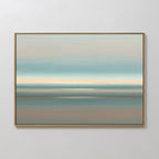 The Soft Tide Layers Canvas Art - Horizontal features calming horizontal bands of blue, beige, and light brown for a serene, blurred coastal effect, perfect for adding tranquility to any light-colored wall.