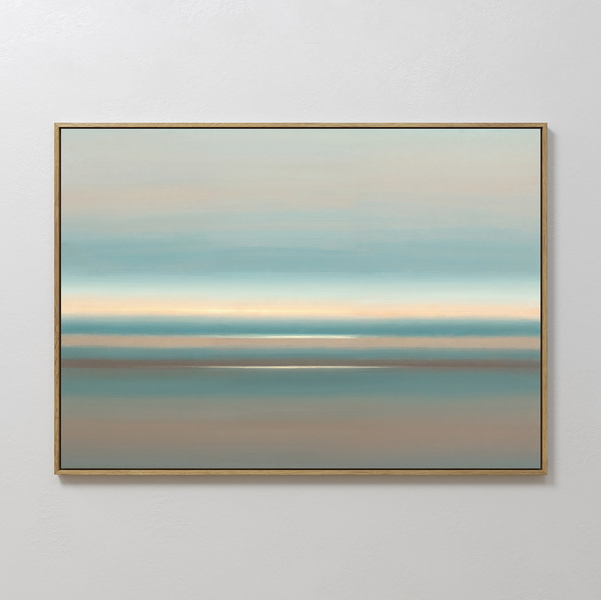 The Soft Tide Layers Canvas Art - Horizontal features calming horizontal bands of blue, beige, and light brown for a serene, blurred coastal effect, perfect for adding tranquility to any light-colored wall.