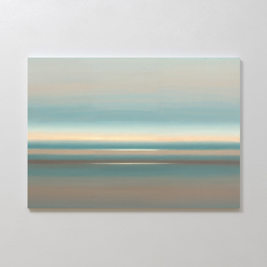 Soft Tide Layers Canvas Art – Horizontal features gentle bands of blue, teal, beige, and tan. This serene abstract print evokes a peaceful seascape, making it perfect coastal wall art to create a tranquil atmosphere in any room.