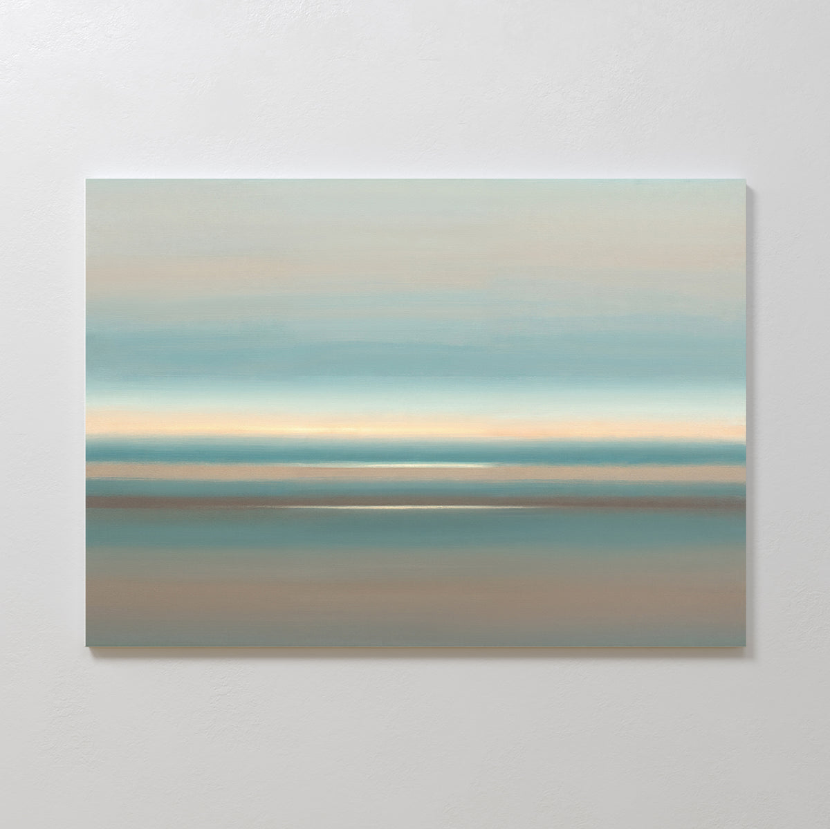 Soft Tide Layers Canvas Art – Horizontal features gentle bands of blue, teal, beige, and tan. This serene abstract print evokes a peaceful seascape, making it perfect coastal wall art to create a tranquil atmosphere in any room.