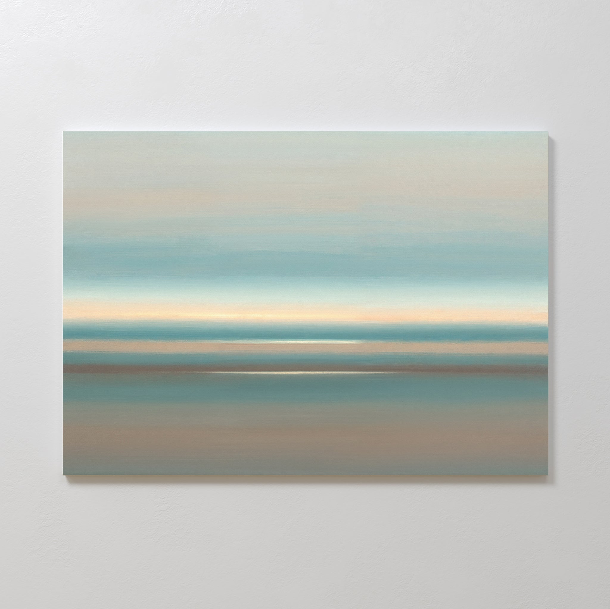 Soft Tide Layers Canvas Art – Horizontal features gentle bands of blue, teal, beige, and tan. This serene abstract print evokes a peaceful seascape, making it perfect coastal wall art to create a tranquil atmosphere in any room.