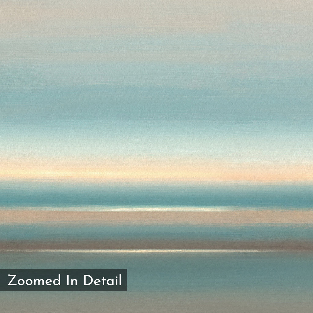 Soft Tide Layers Canvas Art - Horizontal features soft horizontal bands of blue, beige, and brown for a calm, serene effect. This abstract print evokes coastal wall art and a tranquil seascape. "Zoomed In Detail" appears in the lower left corner.