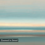 Soft Tide Layers Canvas Art - Horizontal features soft horizontal bands of blue, beige, and brown for a calm, serene effect. This abstract print evokes coastal wall art and a tranquil seascape. "Zoomed In Detail" appears in the lower left corner.