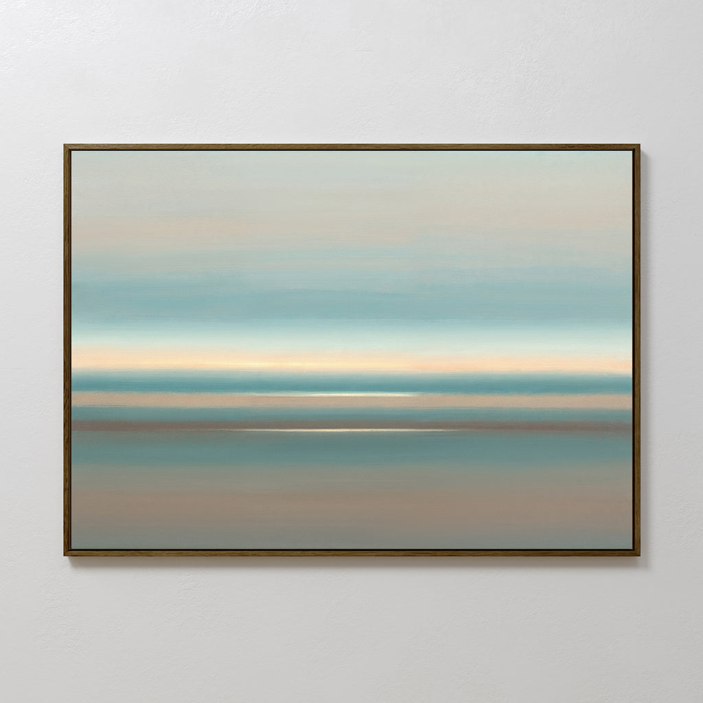 The Soft Tide Layers Canvas Art - Horizontal features soft bands of muted blue, beige, brown, and white for a serene, minimalist landscape—ideal as coastal wall art.