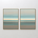 Soft Tide Layers - Set Of 2: Framed abstract prints featuring soothing horizontal bands in blue, beige, and tan evoke a tranquil seascape—ideal coastal wall art for any white wall.