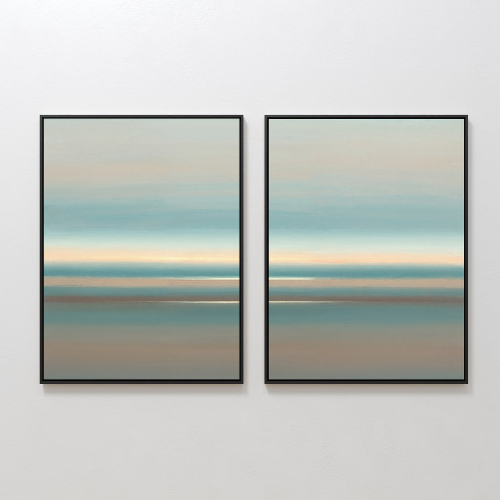 The Soft Tide Layers - Set Of 2 features framed abstract prints with soft horizontal bands of blue, beige, and brown, hanging side by side for a calming, coastal-inspired wall art display.