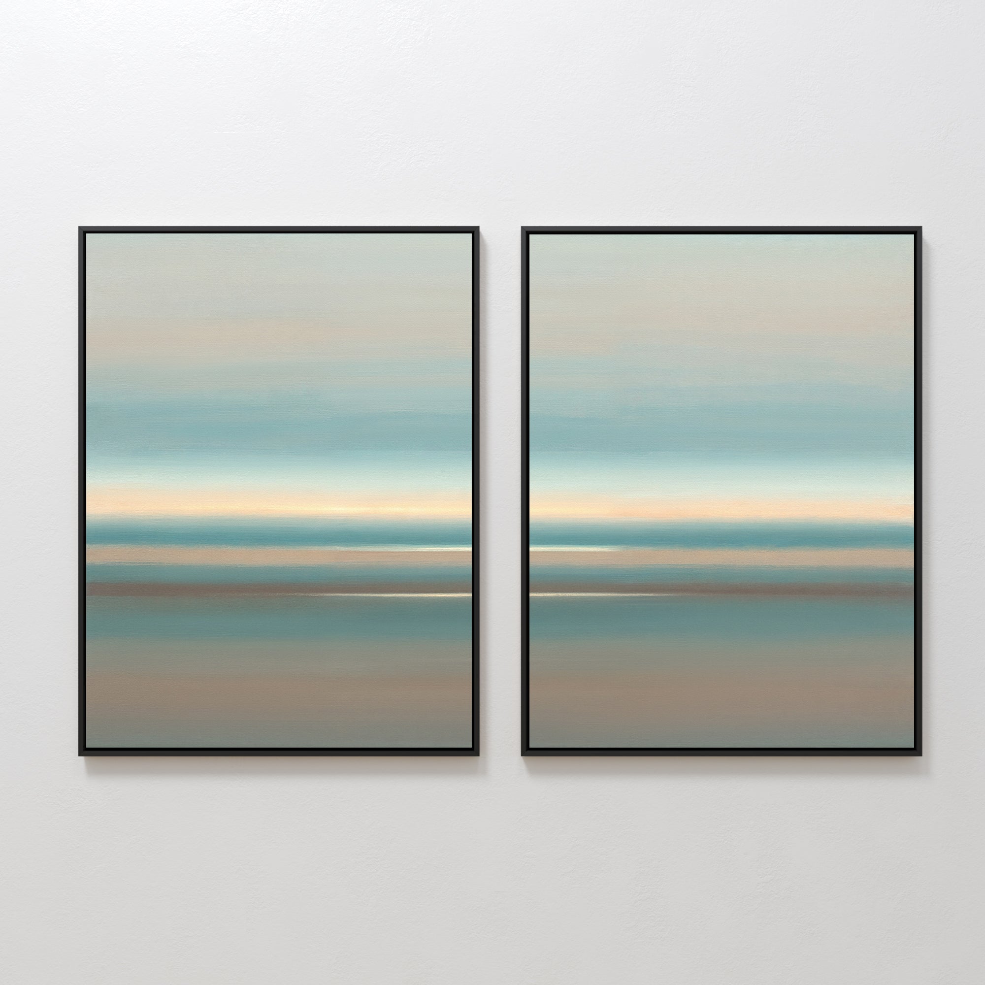 The Soft Tide Layers - Set Of 2 features framed abstract prints with soft horizontal bands of blue, beige, and brown, hanging side by side for a calming, coastal-inspired wall art display.