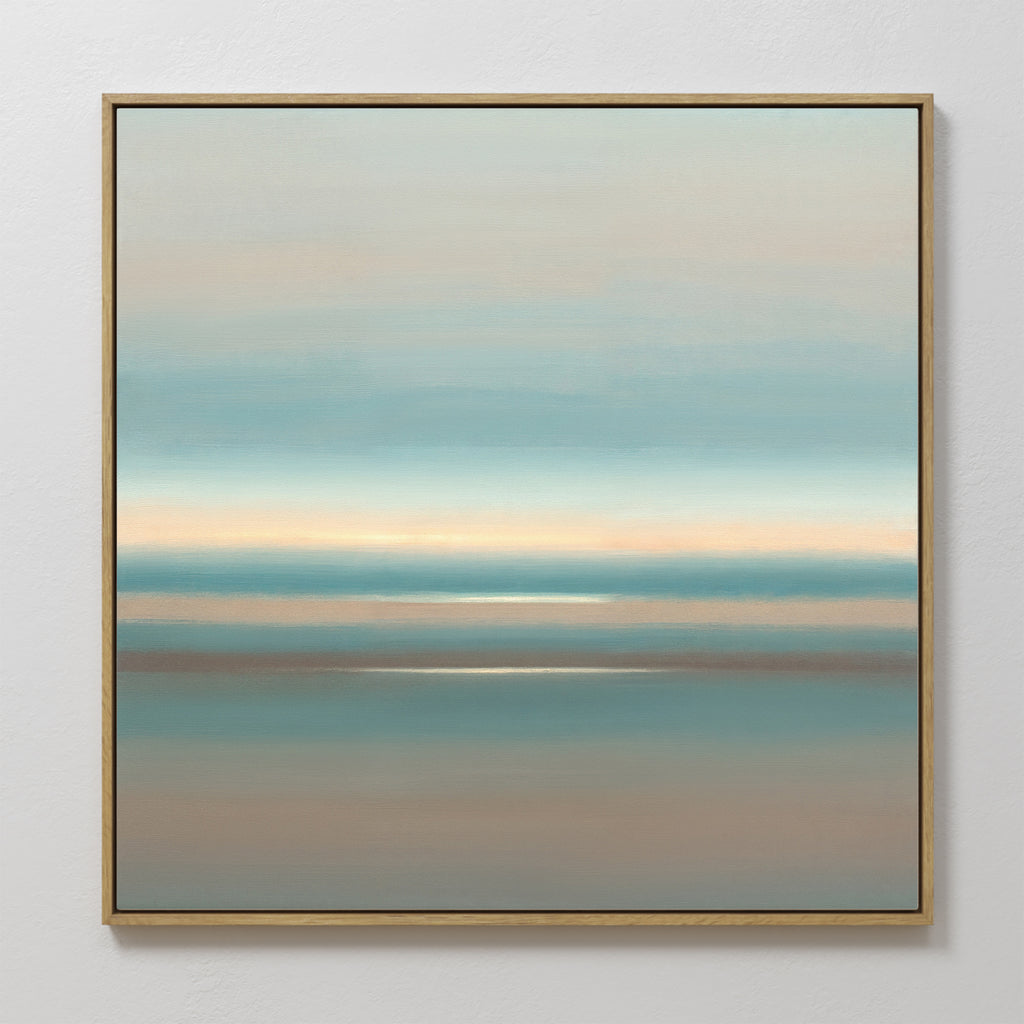 The Soft Tide Layers Canvas Art - Square features calming abstract horizontal bands of blue, beige, and gray, echoing a serene seascape—ideal coastal wall art to bring tranquility to any interior.