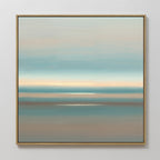 The Soft Tide Layers Canvas Art - Square features calming abstract horizontal bands of blue, beige, and gray, echoing a serene seascape—ideal coastal wall art to bring tranquility to any interior.