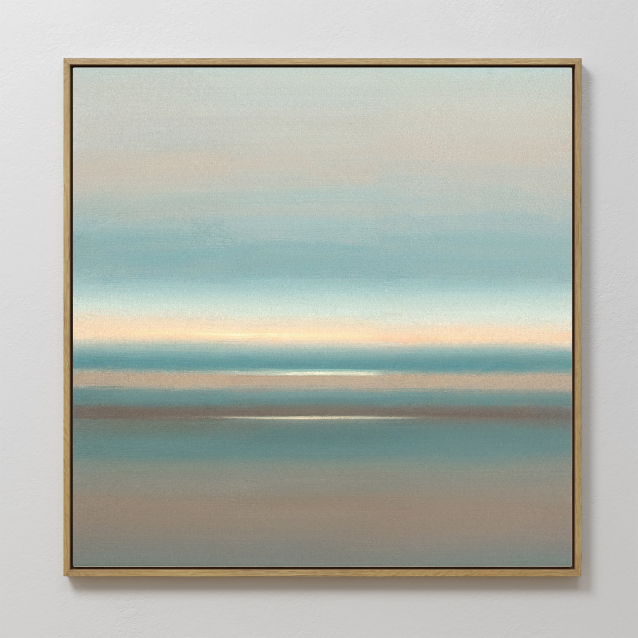 The Soft Tide Layers Canvas Art - Square features calming abstract horizontal bands of blue, beige, and gray, echoing a serene seascape—ideal coastal wall art to bring tranquility to any interior.