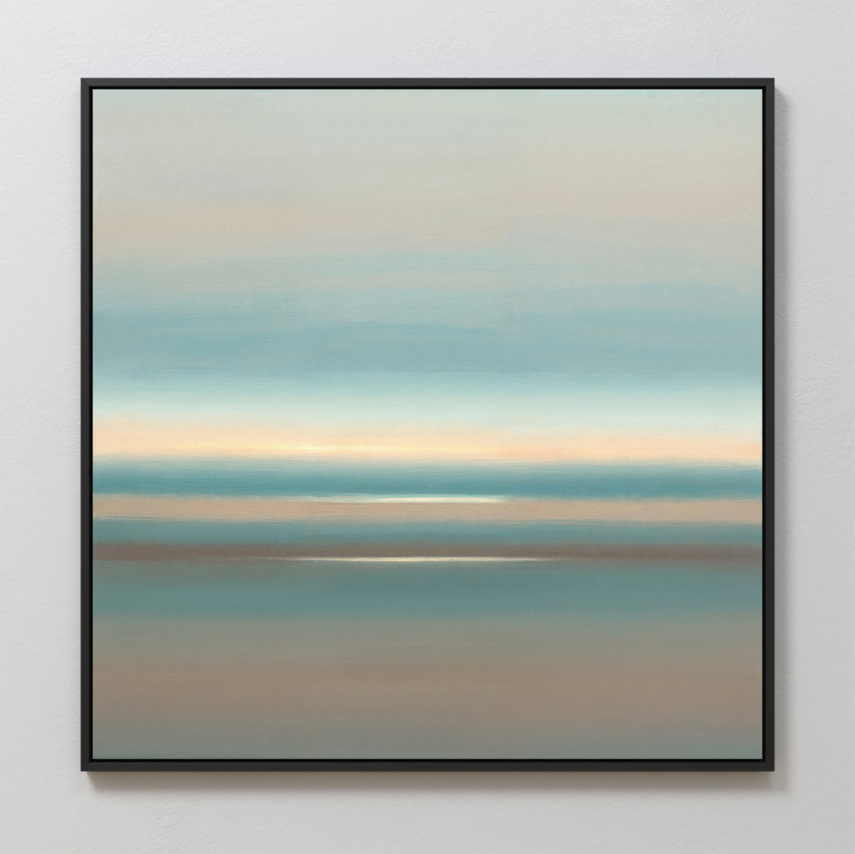 The Soft Tide Layers Canvas Art - Square features calming abstract bands of blue, beige, and light brown for a serene, coastal look—perfect wall art to enhance your space with tranquil seascape vibes.