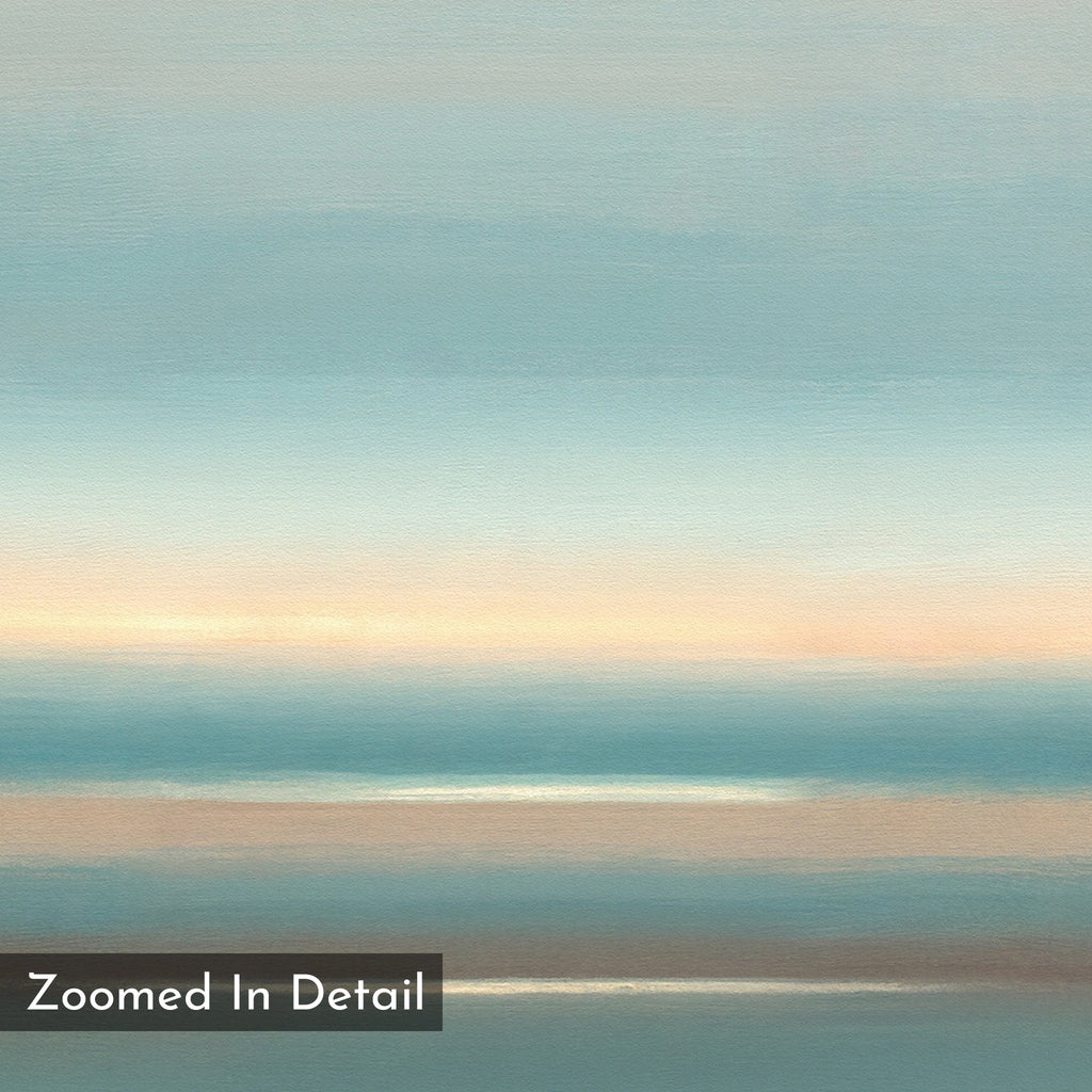 The Soft Tide Layers Canvas Art - Square features soft, abstract bands of blue, beige, and peach for a tranquil look—ideal as calming coastal wall art. “Zoomed In Detail” appears in the lower left corner.