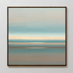 Soft Tide Layers Canvas Art - Square features calming blended bands of blue, beige, and light gray, evoking a serene seascape. This framed wall art adds a subtle touch of coastal style with its soothing tones and soft light at the center.