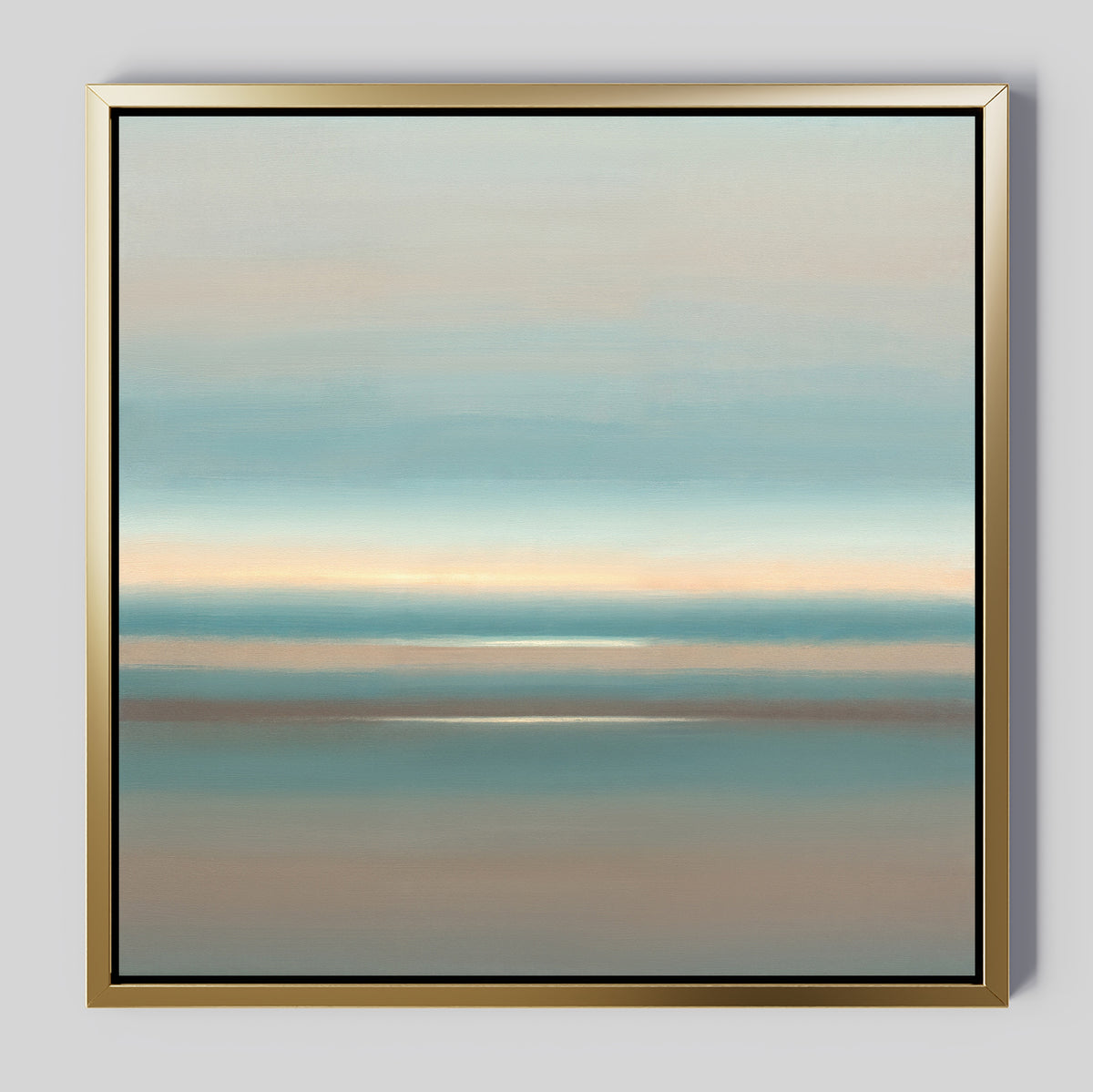 Soft Tide Layers Canvas Art - Square features a calming abstract design with soft horizontal bands of blue, beige, and gray in a gold frame, adding serene coastal charm and Nordic Park elegance to any room.