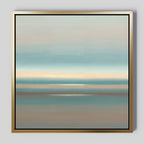 Soft Tide Layers Canvas Art - Square features a calming abstract design with soft horizontal bands of blue, beige, and gray in a gold frame, adding serene coastal charm and Nordic Park elegance to any room.