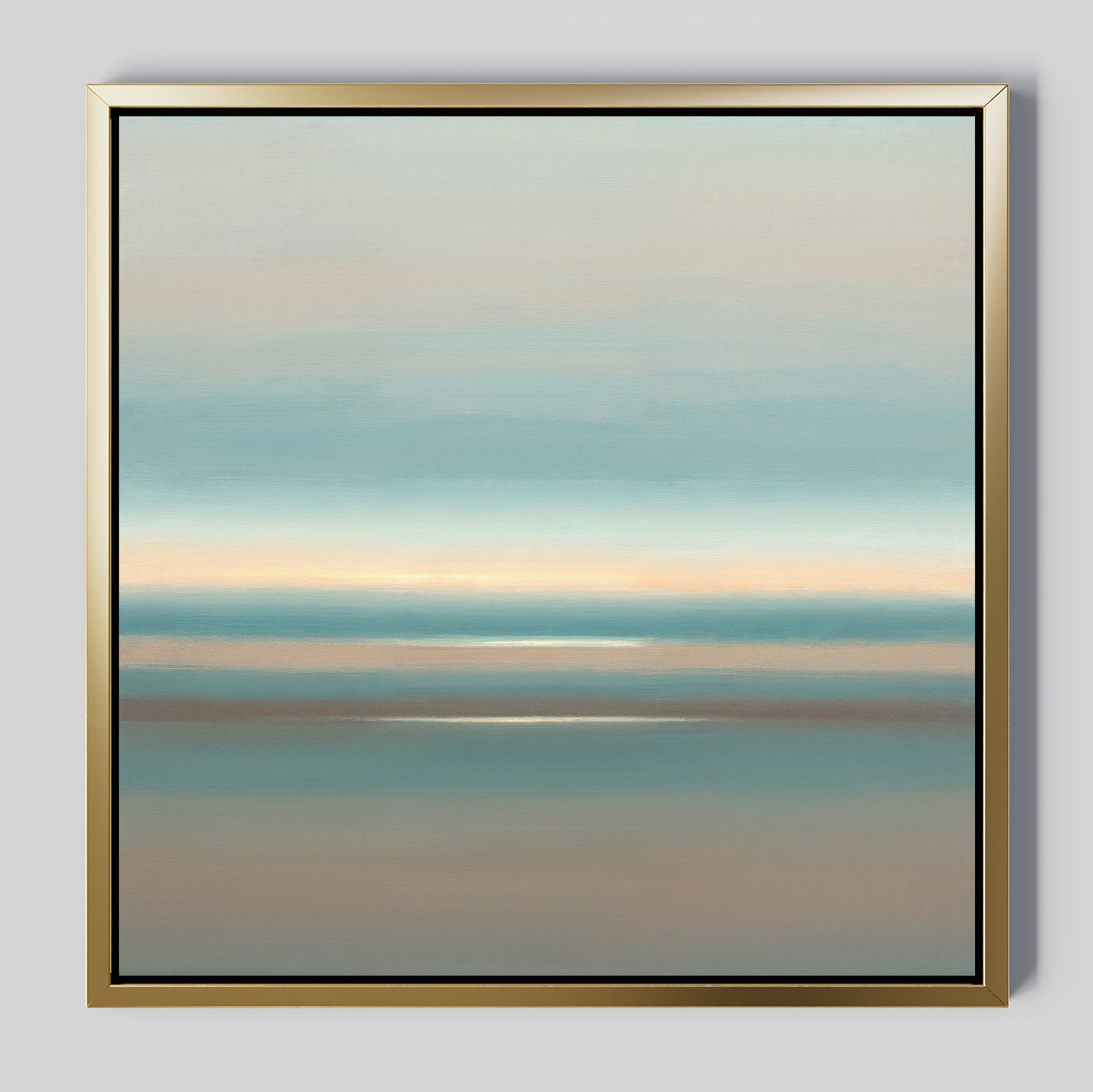 Soft Tide Layers Canvas Art - Square features a calming abstract design with soft horizontal bands of blue, beige, and gray in a gold frame, adding serene coastal charm and Nordic Park elegance to any room.