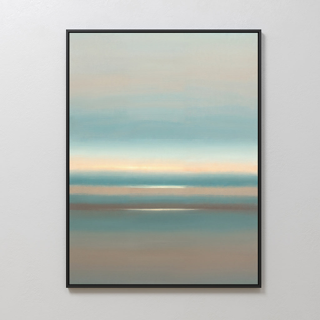 The Soft Tide Layers Canvas Art - Vertical features calming abstract bands of blue, beige, and light brown, creating a serene blurred landscape—ideal coastal wall art for tranquil home décor on a plain white wall.