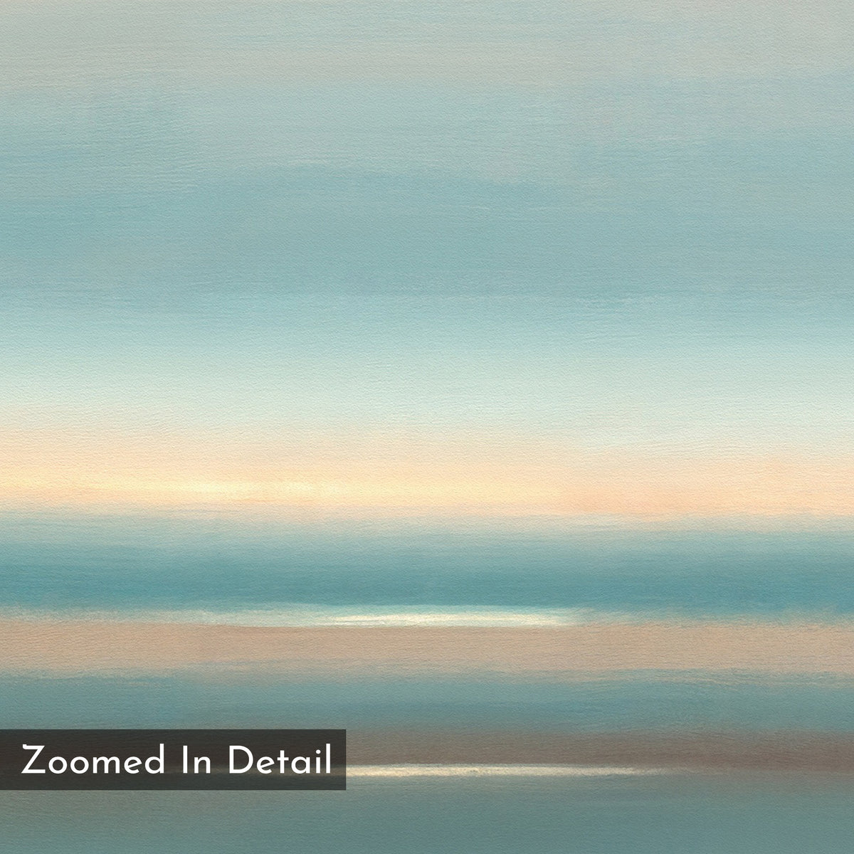 The Soft Tide Layers Canvas Art - Vertical features gentle horizontal bands of blue, tan, and white for a calming, modern look. “Zoomed In Detail” appears in a black rectangle in the lower left corner.