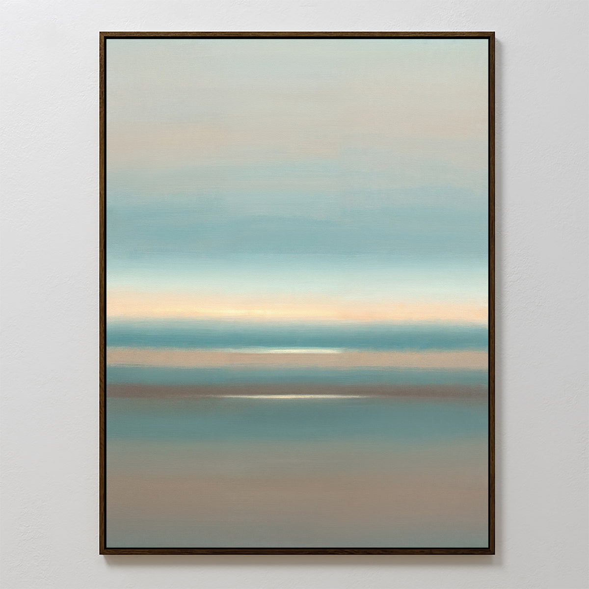Soft Tide Layers Canvas Art - Vertical features gentle horizontal brushstrokes in blue, beige, and peach, evoking a serene seascape. This calming abstract print comes framed in a slim black frame and is displayed on a white wall.