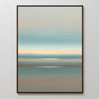 Soft Tide Layers Canvas Art - Vertical features gentle horizontal brushstrokes in blue, beige, and peach, evoking a serene seascape. This calming abstract print comes framed in a slim black frame and is displayed on a white wall.